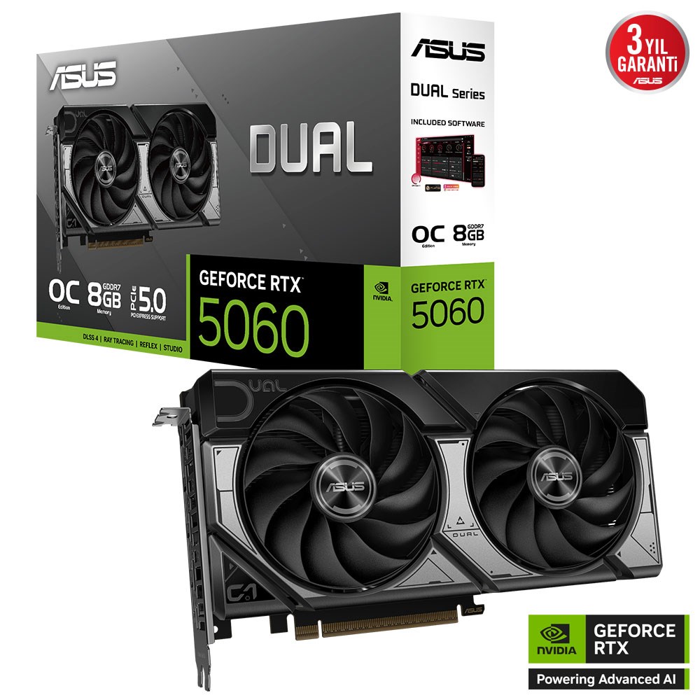 ASUS DUAL-RTX5060-O8G-NVIDIA-GEFORCE-RTX 5060-8GB GDDR7-128bit--OC-HDMI-3xDP-DLSS3 EKRAN KARTI